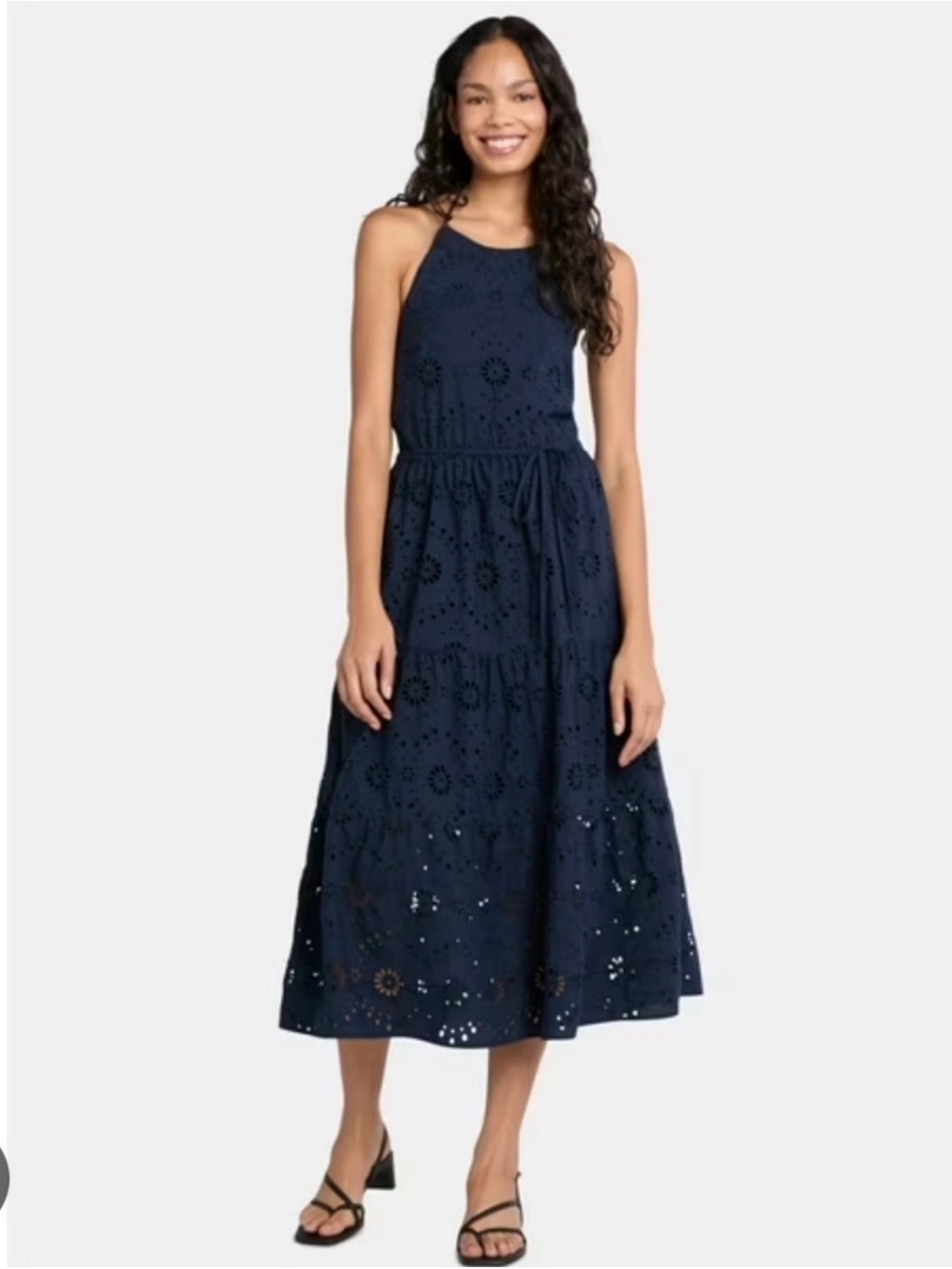 Time and Tru Navy Eyelet Halter Maxi Dress